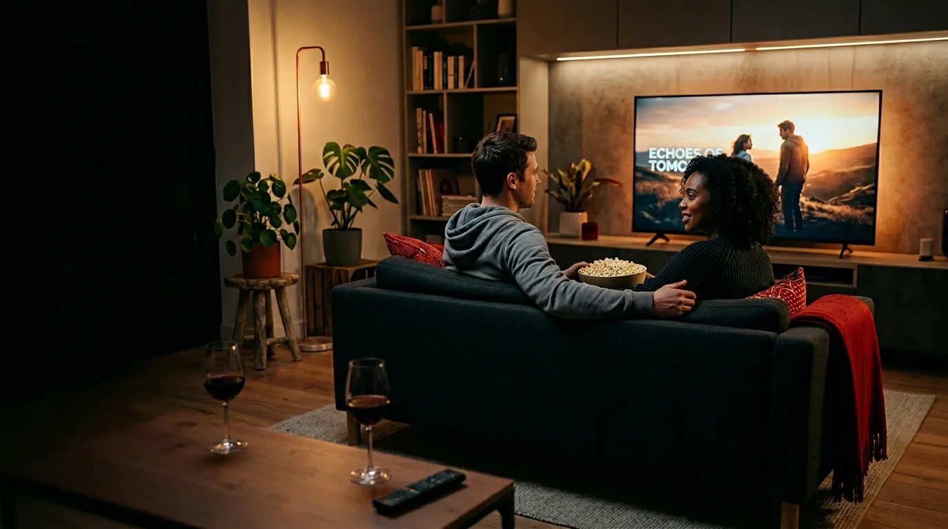 A couple relaxing on a sofa sharing popcorn