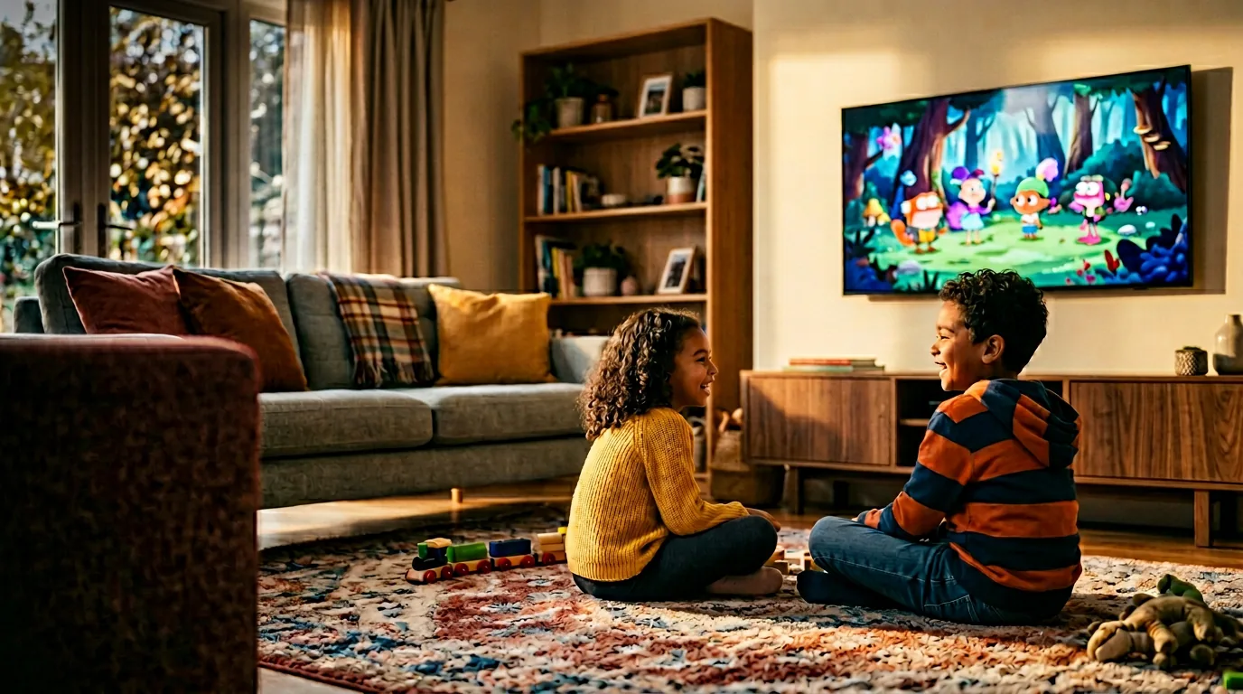 Two children watching a kids programme on the rug