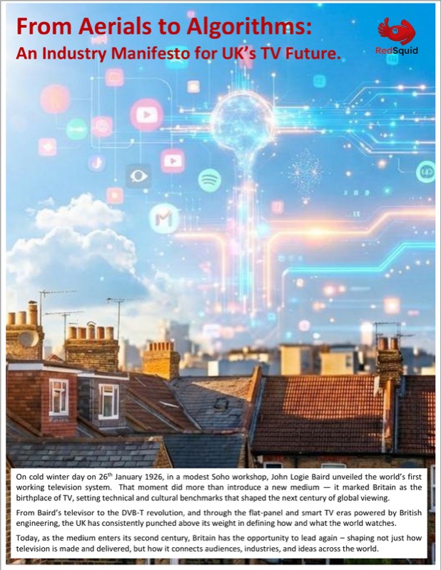 UK TV Industry Manifesto cover showing British rooftops with chimney pots transforming into glowing app icons against a sunrise sky